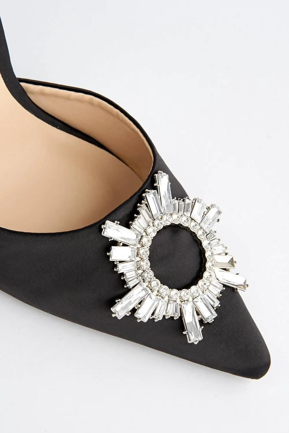 Girona Diamante Brooch Pointed Toe Spool Heel Court Shoe in Black