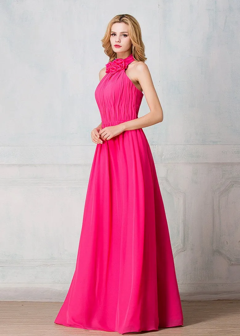 Haltered full-length chiffon long prom dress