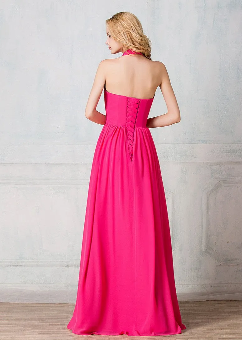 Haltered full-length chiffon long prom dress