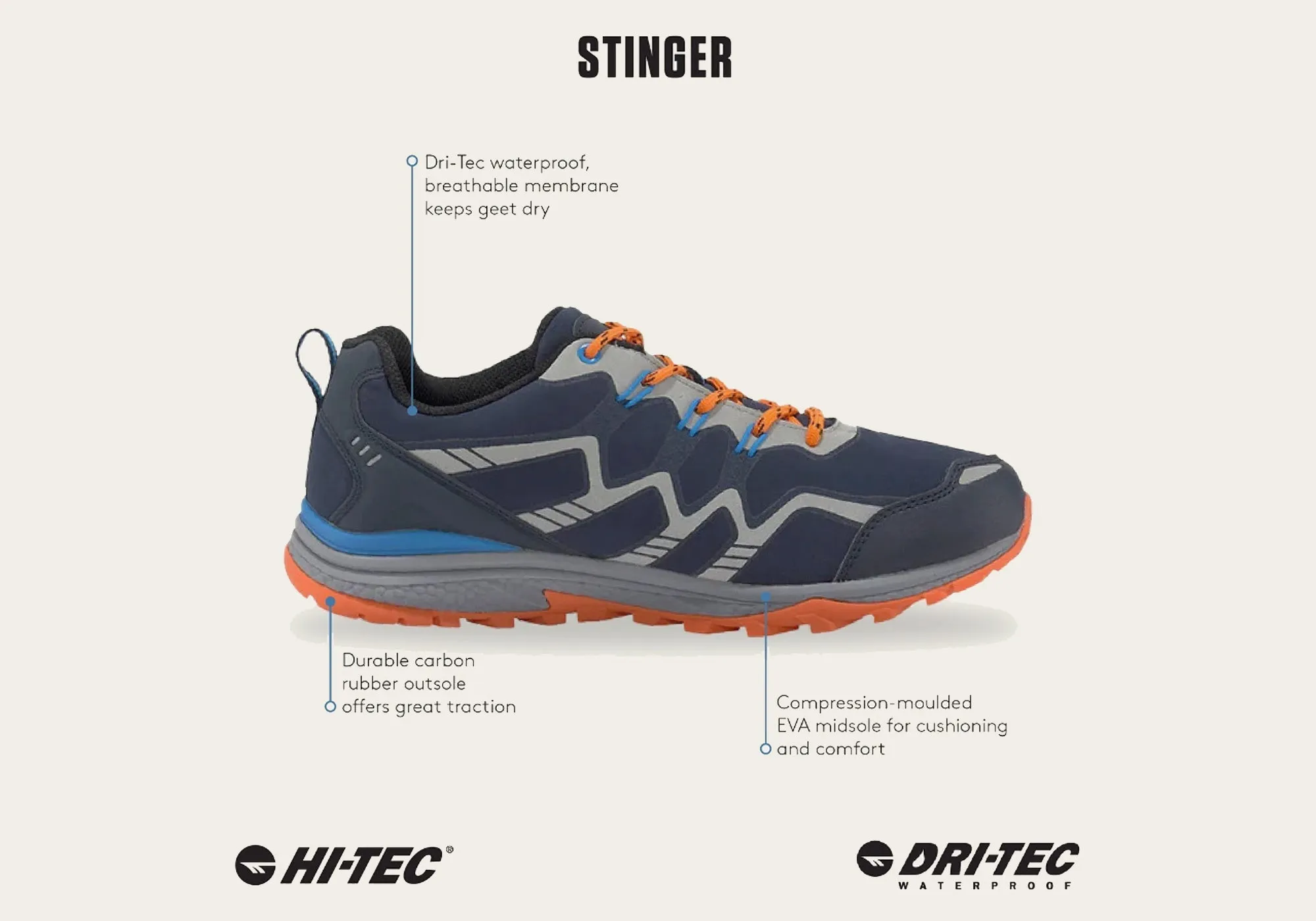 Hi Tec Mens Stinger Waterproof Lace Up Walking Shoes