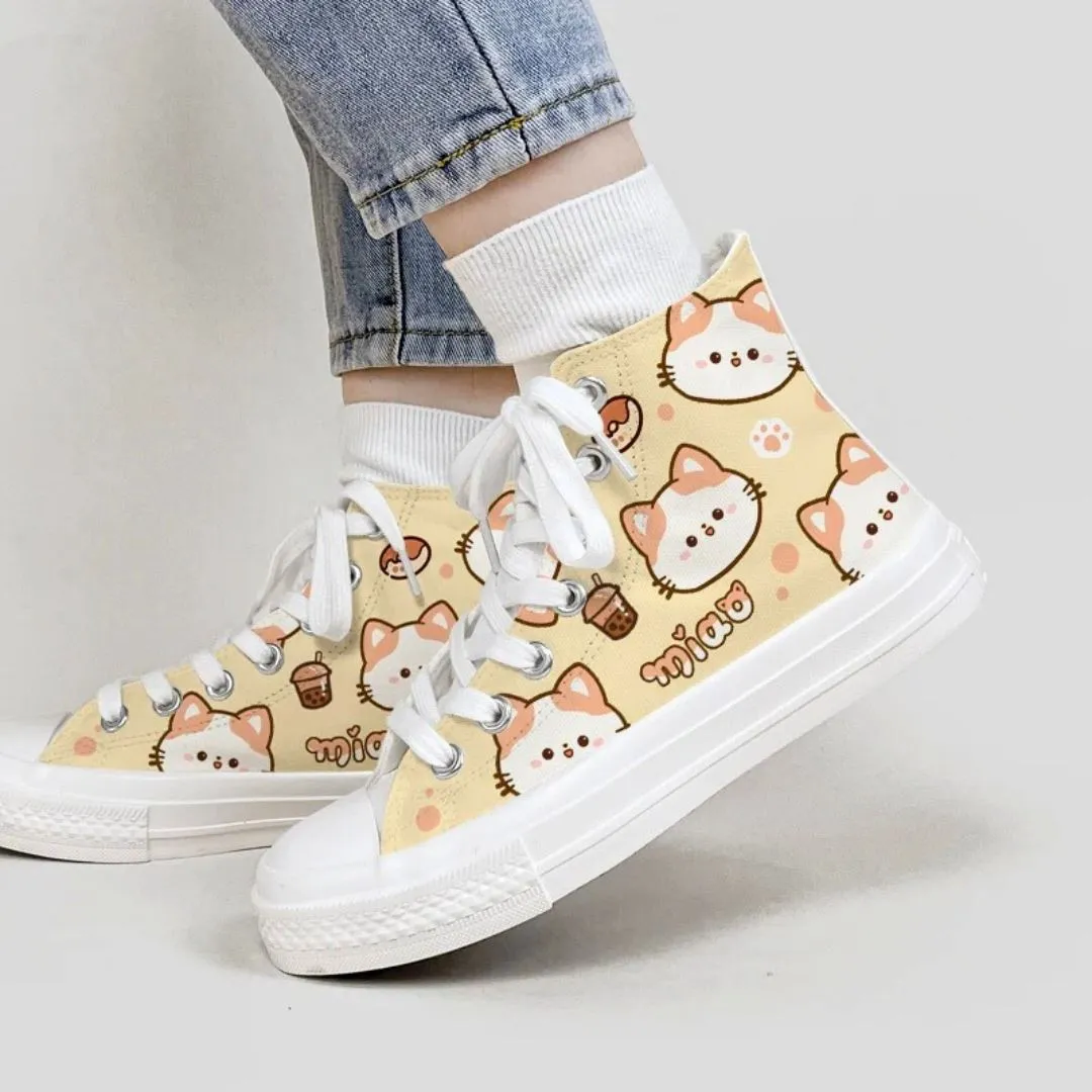 Kawaii Miao Kitty High Top Canvas Shoes - Unisex