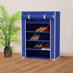 Kuber Industries Shoe Rack For Home|Non-Woven Foldable Shoe Rack|5 Shelf Foldable Storage Rack|Shoe Organizer|Clothes|Books|Dark Blue