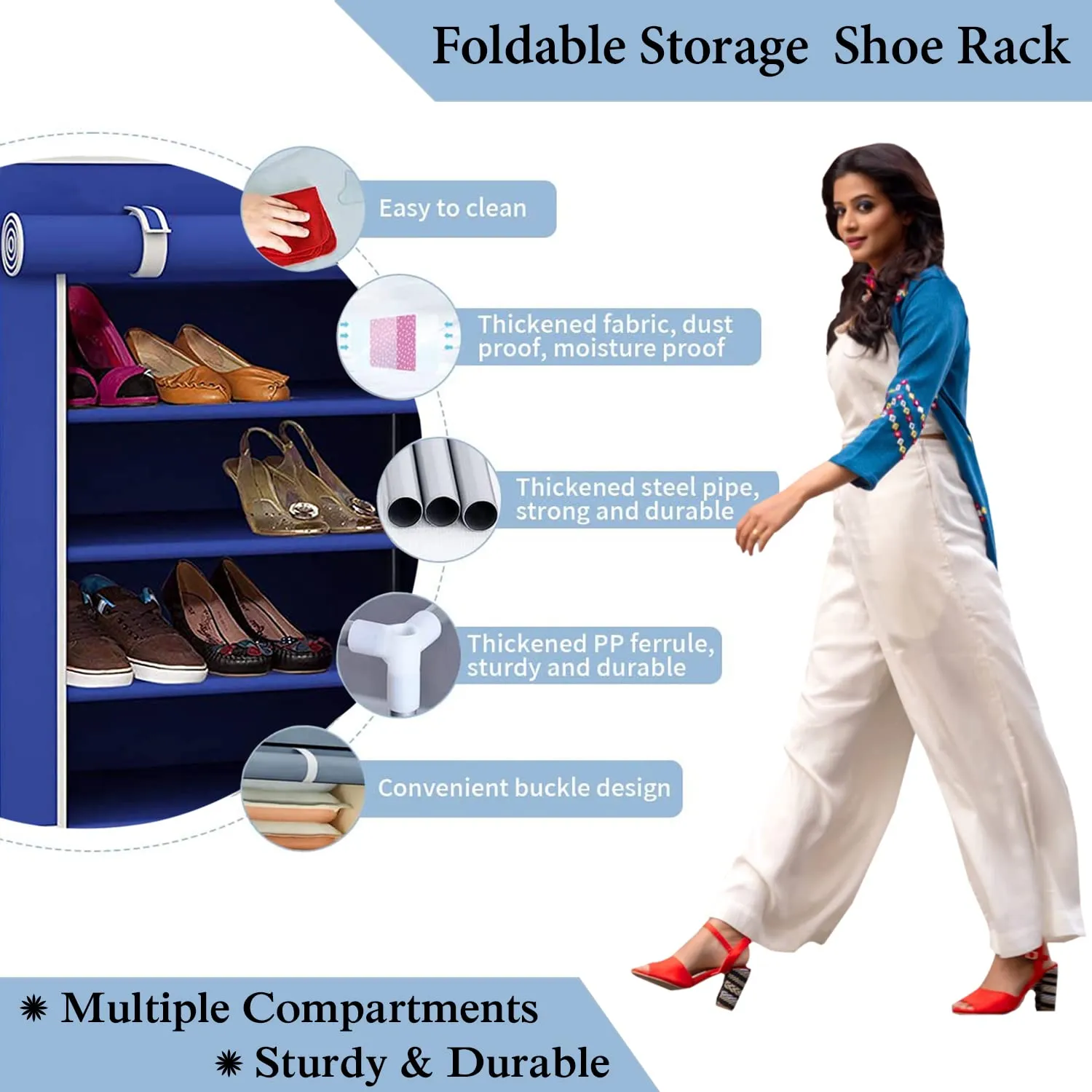 Kuber Industries Shoe Rack For Home|Non-Woven Foldable Shoe Rack|5 Shelf Foldable Storage Rack|Shoe Organizer|Clothes|Books|Dark Blue