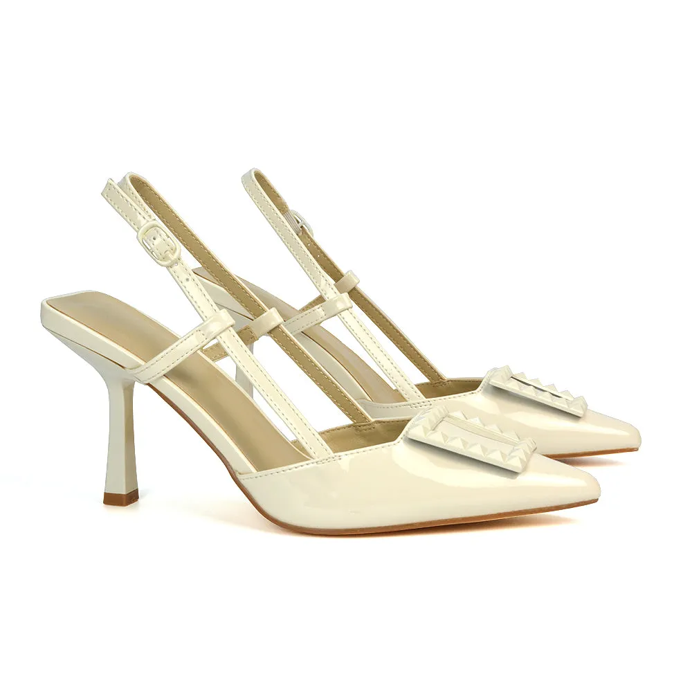 Lara Pointed Toe Square Buckle Slingback Stiletto High Heels Court Shoes in Beige Patent