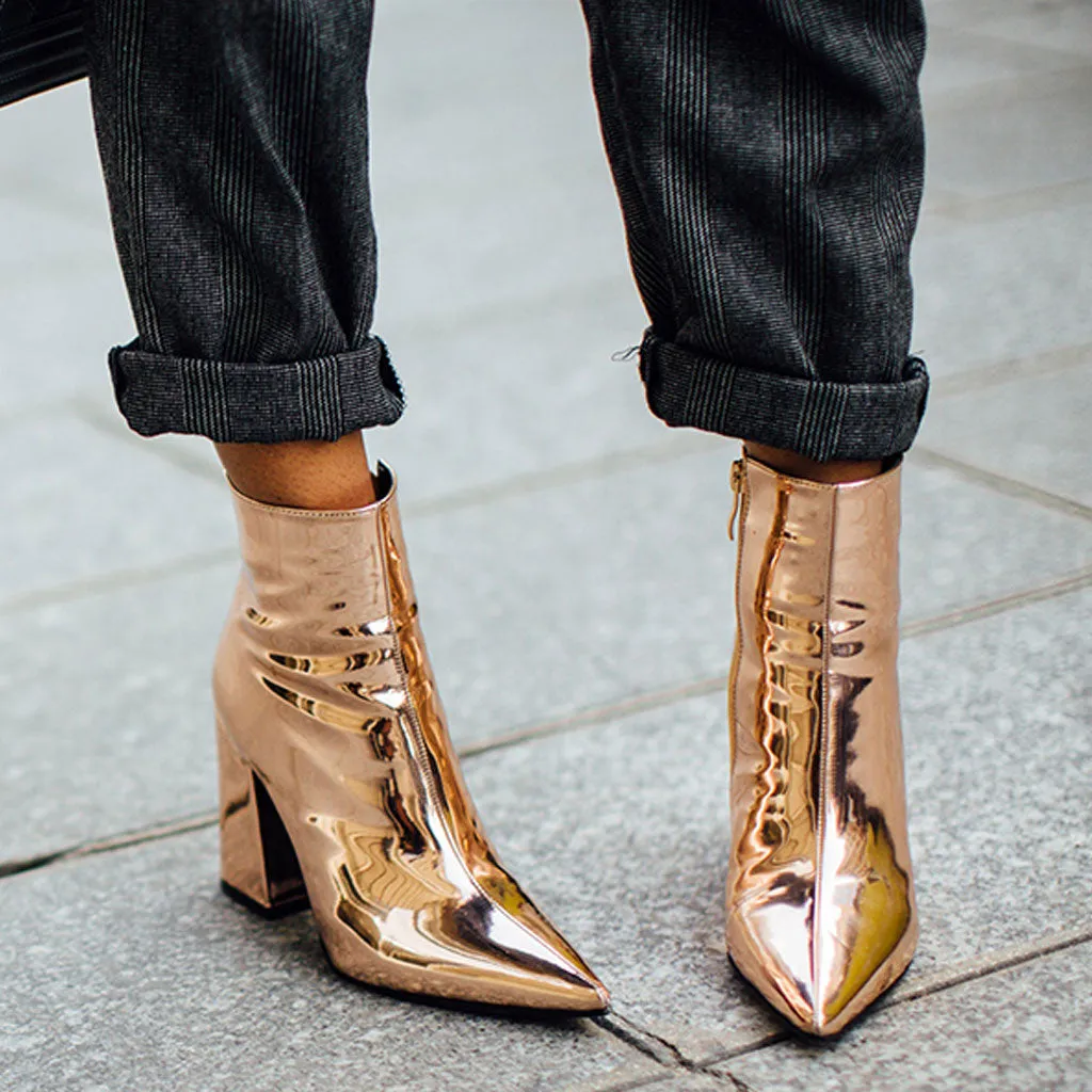 Metallic Pointed Toe Chunky Heel Zip Side Ankle Boots - Gold