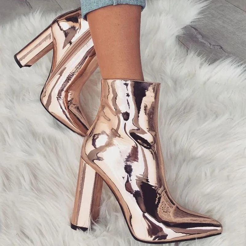 Metallic Pointed Toe Chunky Heel Zip Side Ankle Boots - Gold