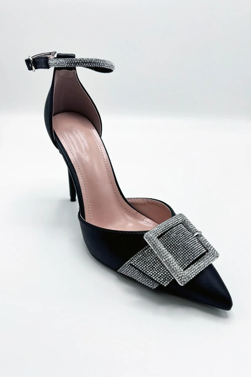 Michaela Diamante Clasp Detail Ankle Strap Court Shoes in Black