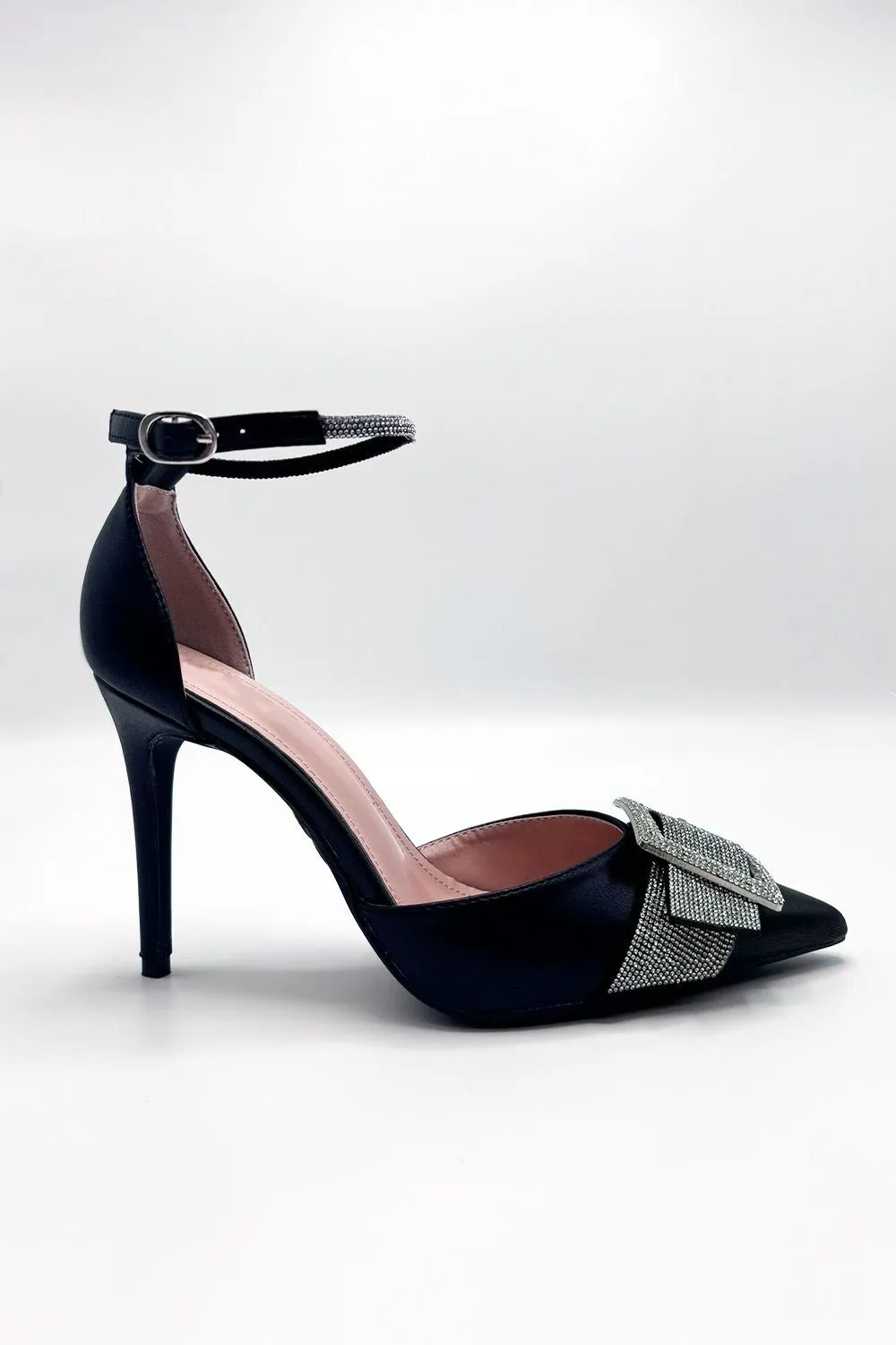 Michaela Diamante Clasp Detail Ankle Strap Court Shoes in Black