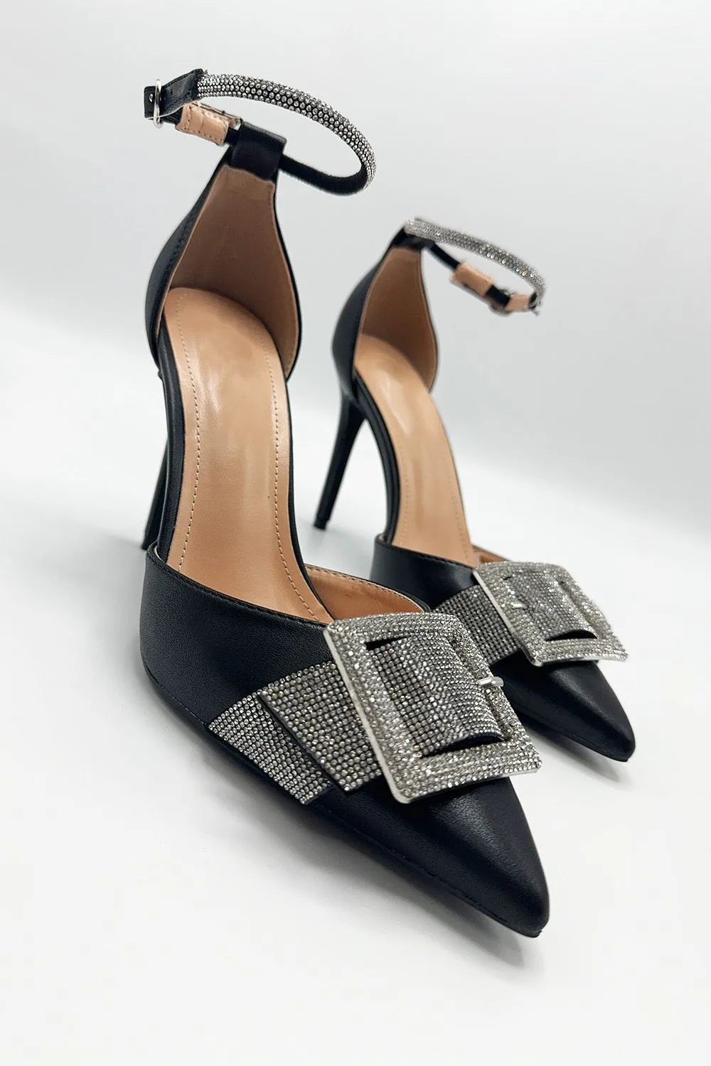 Michaela Diamante Clasp Detail Ankle Strap Court Shoes in Black