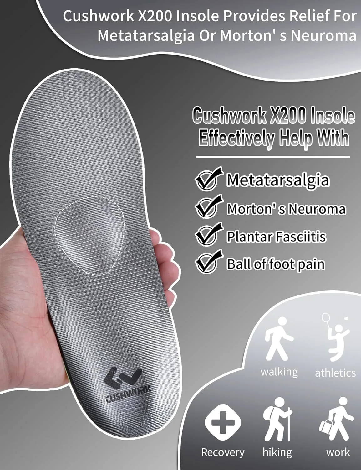 New Cushwork Morton's Neuroma Shoe Inserts for Metatarsalgia,Ball of Foot Pain,Plantar Fasciitis,Metatarsal Pain Relief Orthotic Insoles,Arch Support Shoe Insoles for Man Women Sz Men 12-12.5