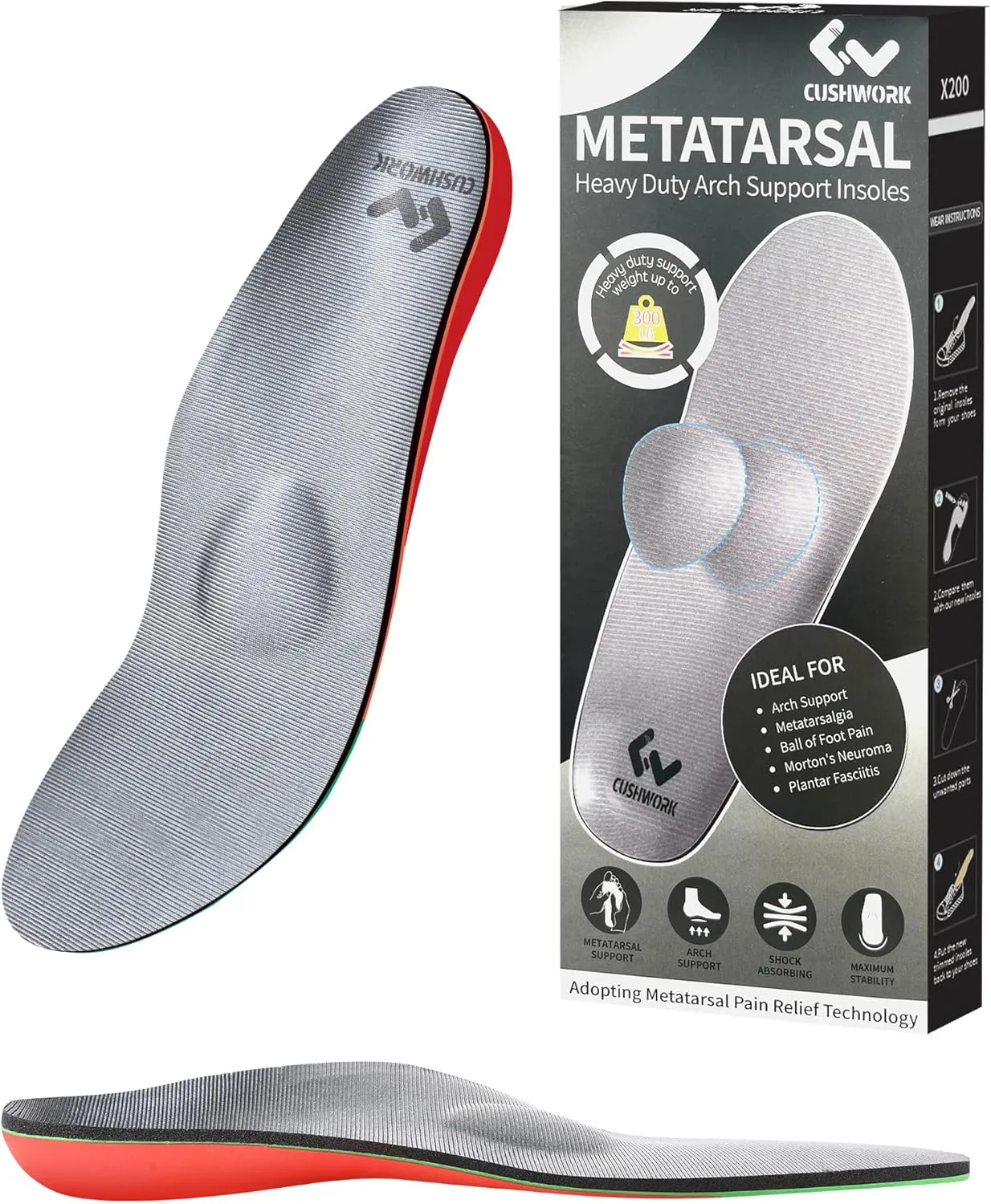 New Cushwork Morton's Neuroma Shoe Inserts for Metatarsalgia,Ball of Foot Pain,Plantar Fasciitis,Metatarsal Pain Relief Orthotic Insoles,Arch Support Shoe Insoles for Man Women Sz Men 12-12.5