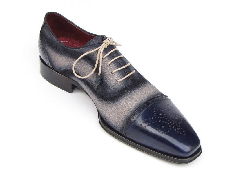 Paul Parkman Captoe Oxfords- Navy/Beige Hand-Painted Suede Upper And Leather Sole