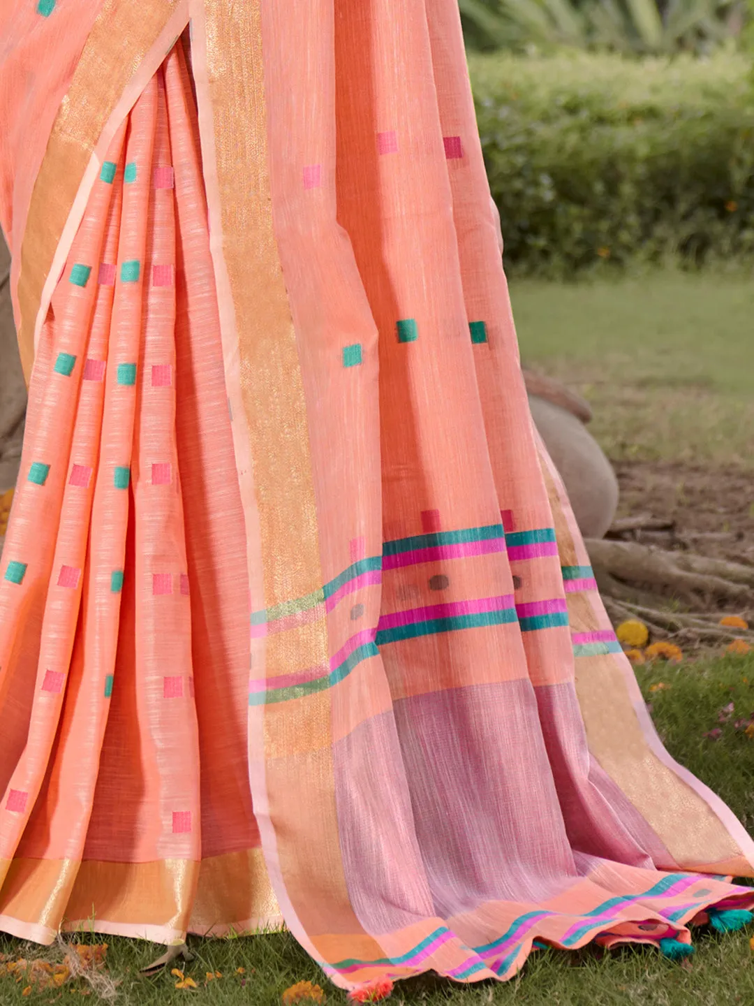 Pink Cotton Woven Work Party Wear Saree - Sangam Prints