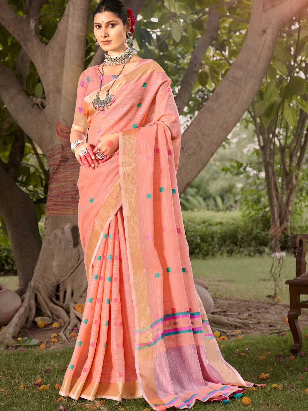 Pink Cotton Woven Work Party Wear Saree - Sangam Prints