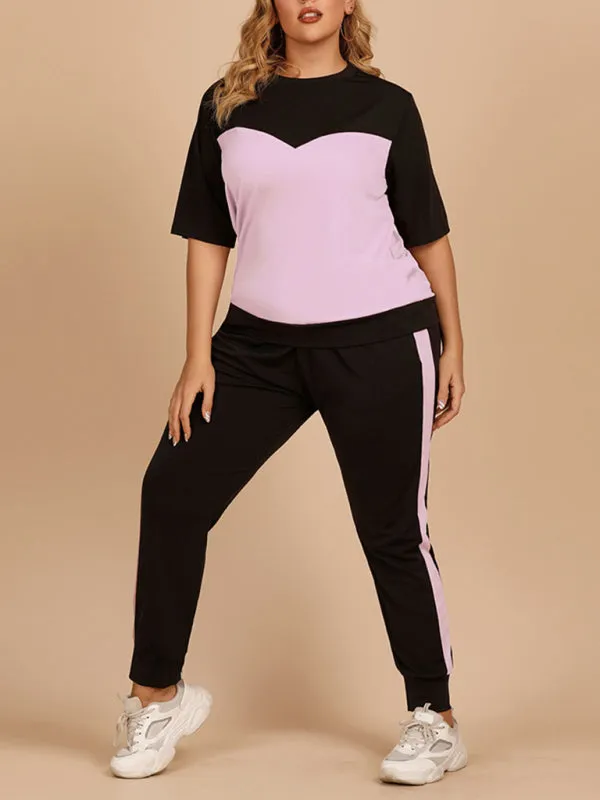 Plus Size Women's Contrasting Color Round Neck Top Elastic Waist Trousers Loose Casual Sports Suit