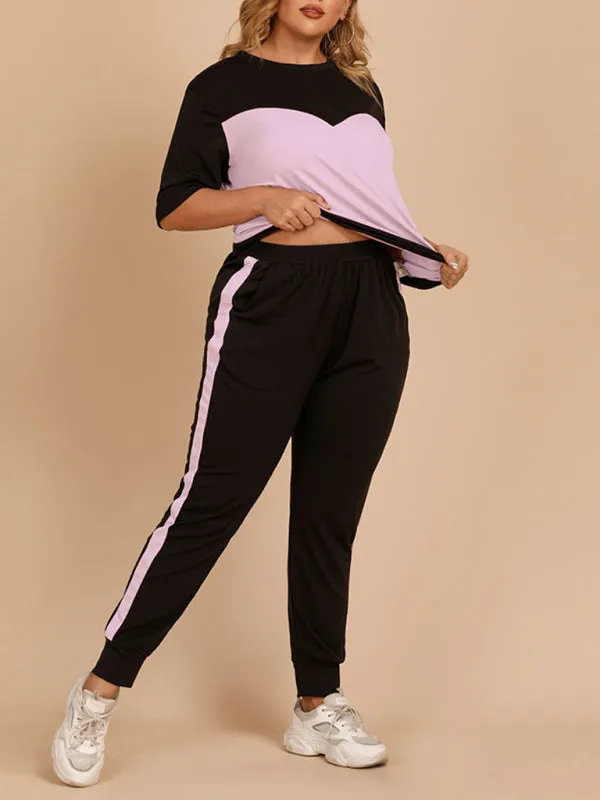 Plus Size Women's Contrasting Color Round Neck Top Elastic Waist Trousers Loose Casual Sports Suit