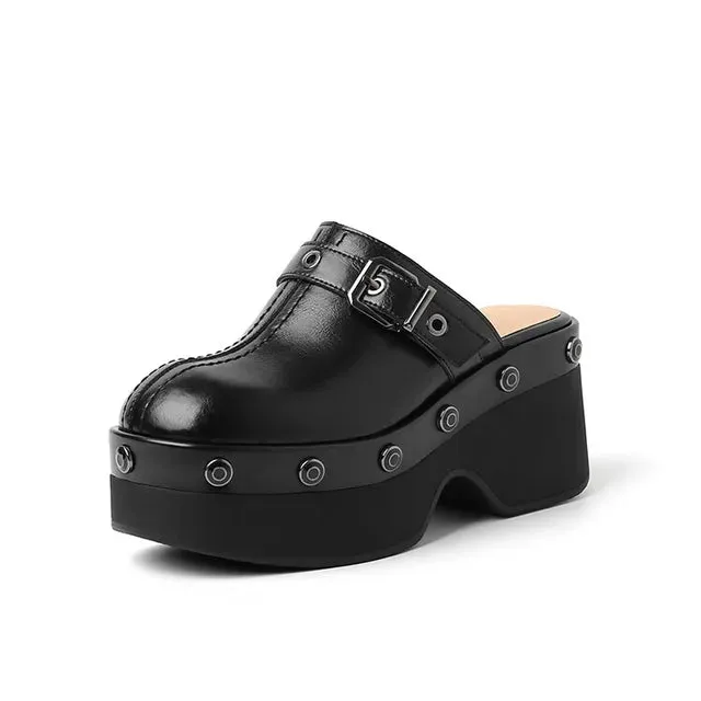 Pre Order:  Metal Buckle Rivets Platform Mule