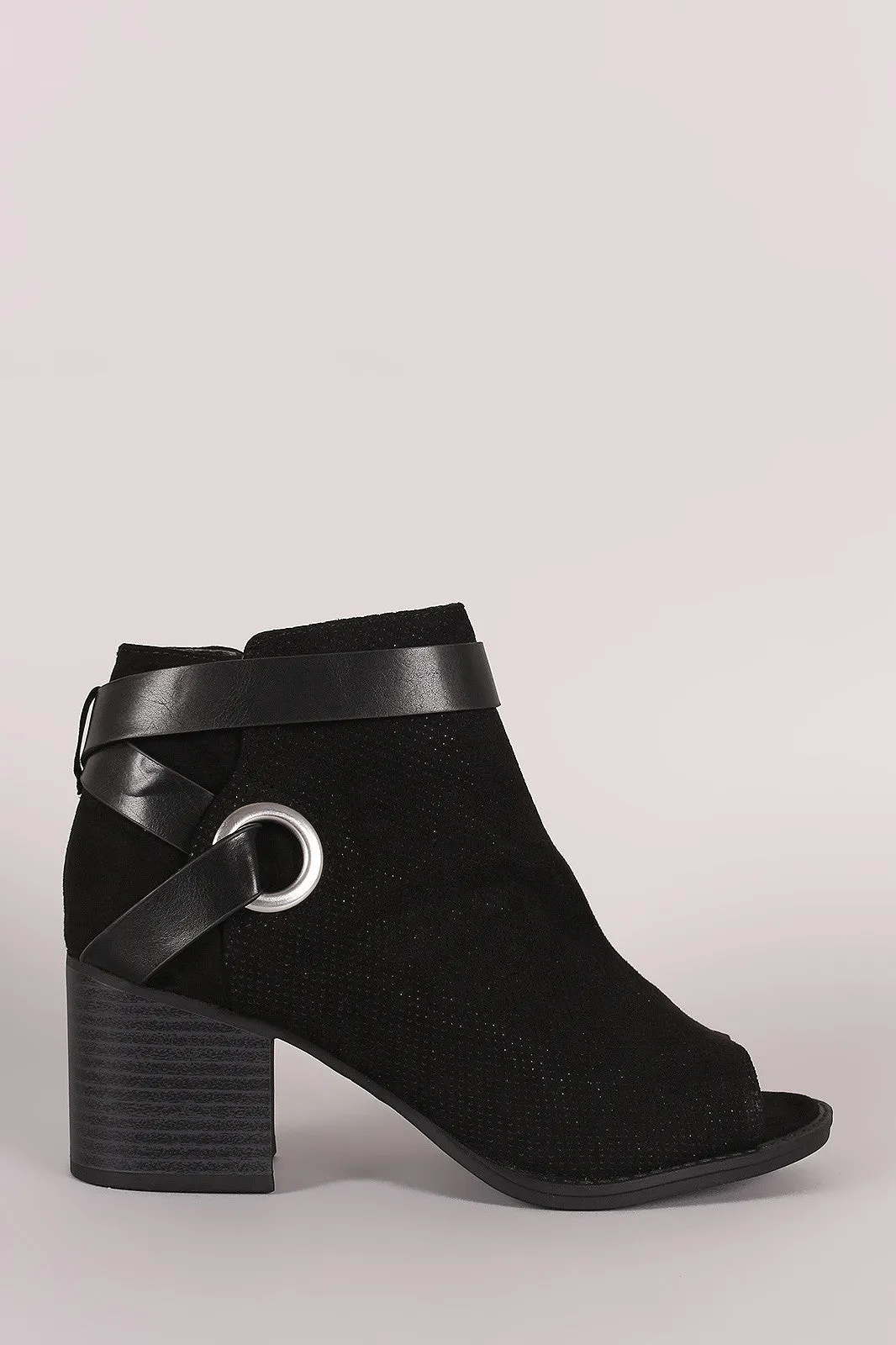 Qupid Perforated Strappy Block Heeled Ankle Boots