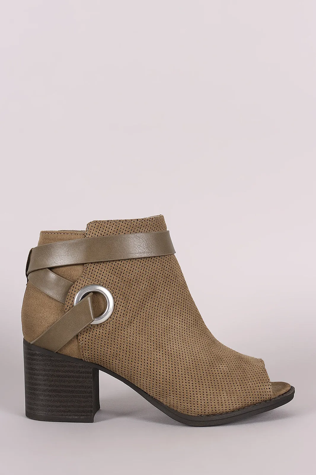 Qupid Perforated Strappy Block Heeled Ankle Boots