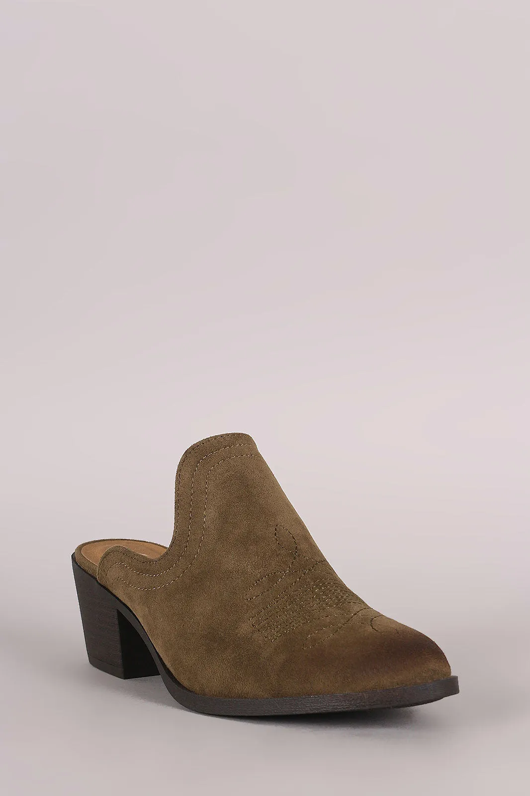 Qupid Suede Embroidery Mule Blocked Heel