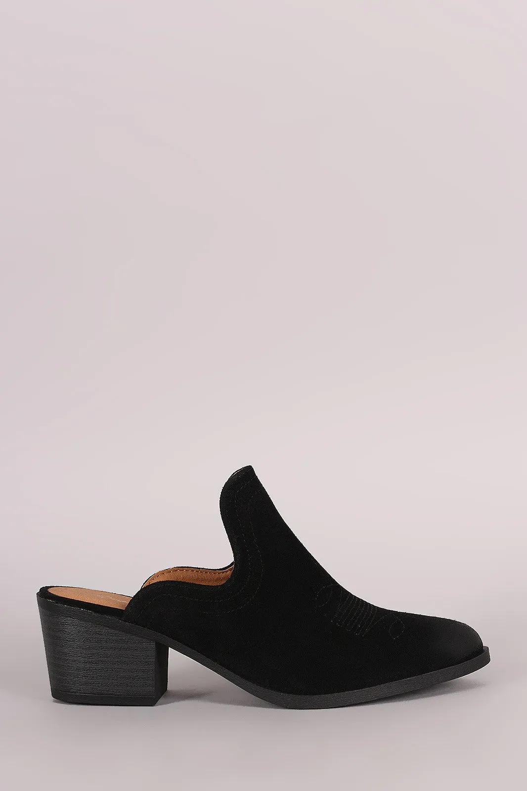 Qupid Suede Embroidery Mule Blocked Heel