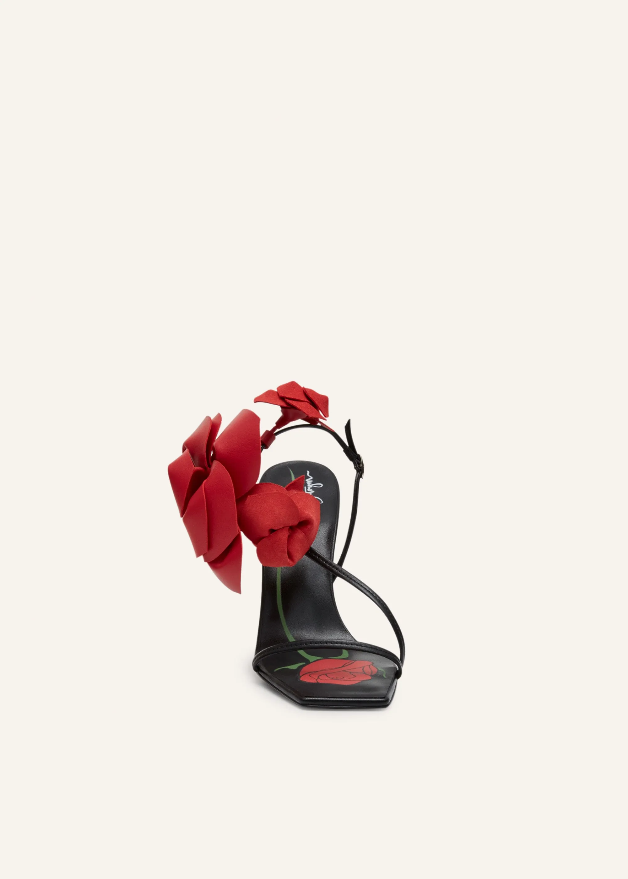 Rose appliqué leather sandals in black and red