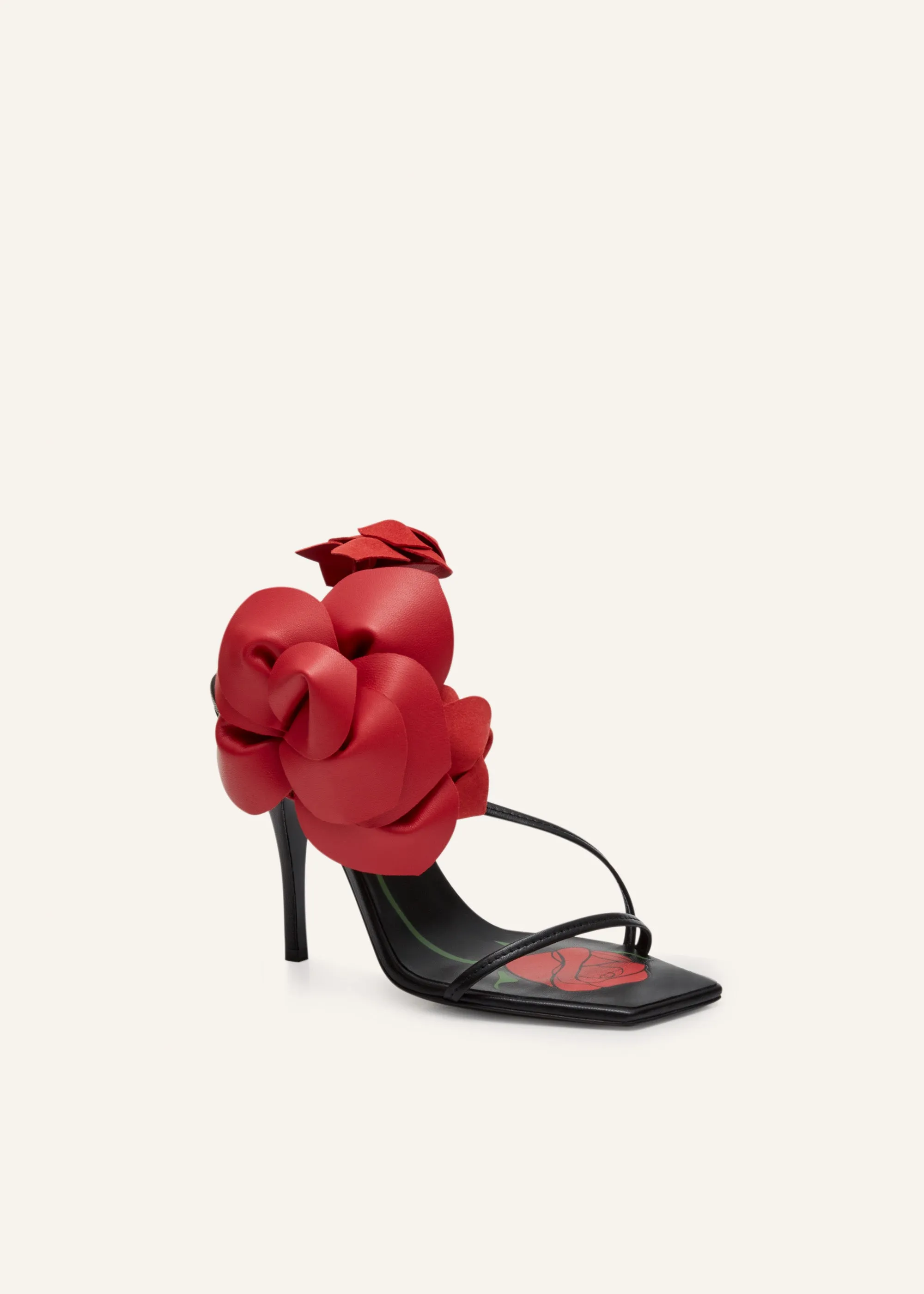 Rose appliqué leather sandals in black and red