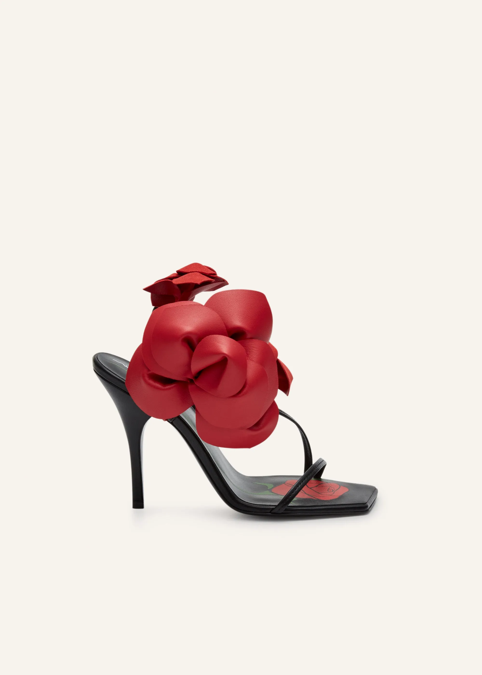 Rose appliqué leather sandals in black and red