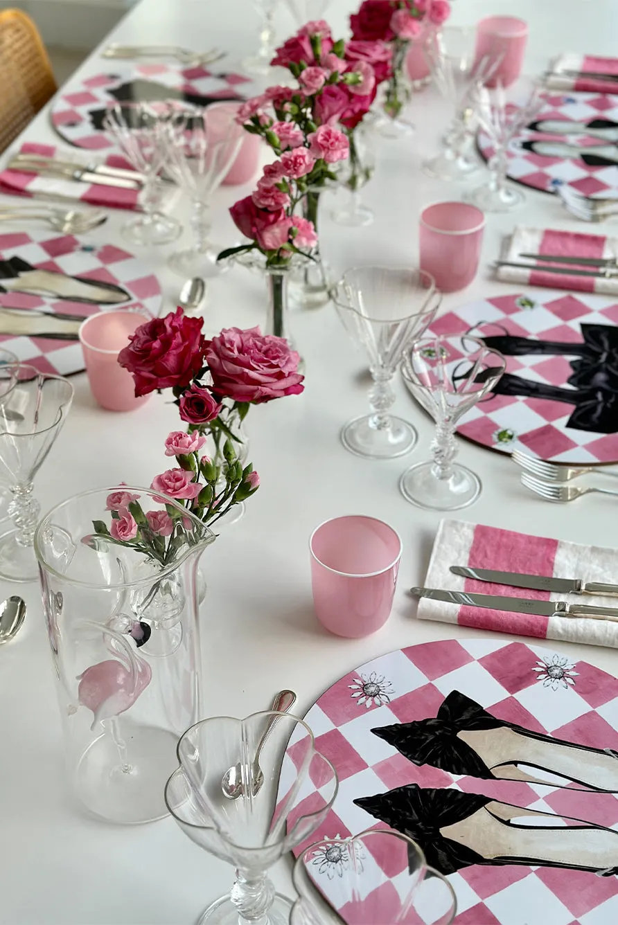 Set of 6 Shoe Check & Crystal Round Cork-Backed Coasters in Rose Pink