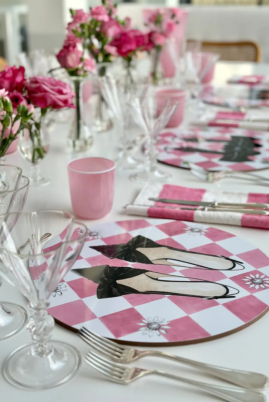 Set of 6 Shoe Check & Crystal Round Cork-Backed Coasters in Rose Pink