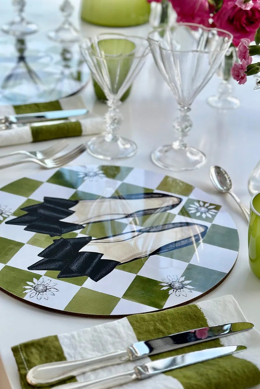 Set of 6 Shoe Check & Crystal Round Cork-Backed Placemats in Avocado Green