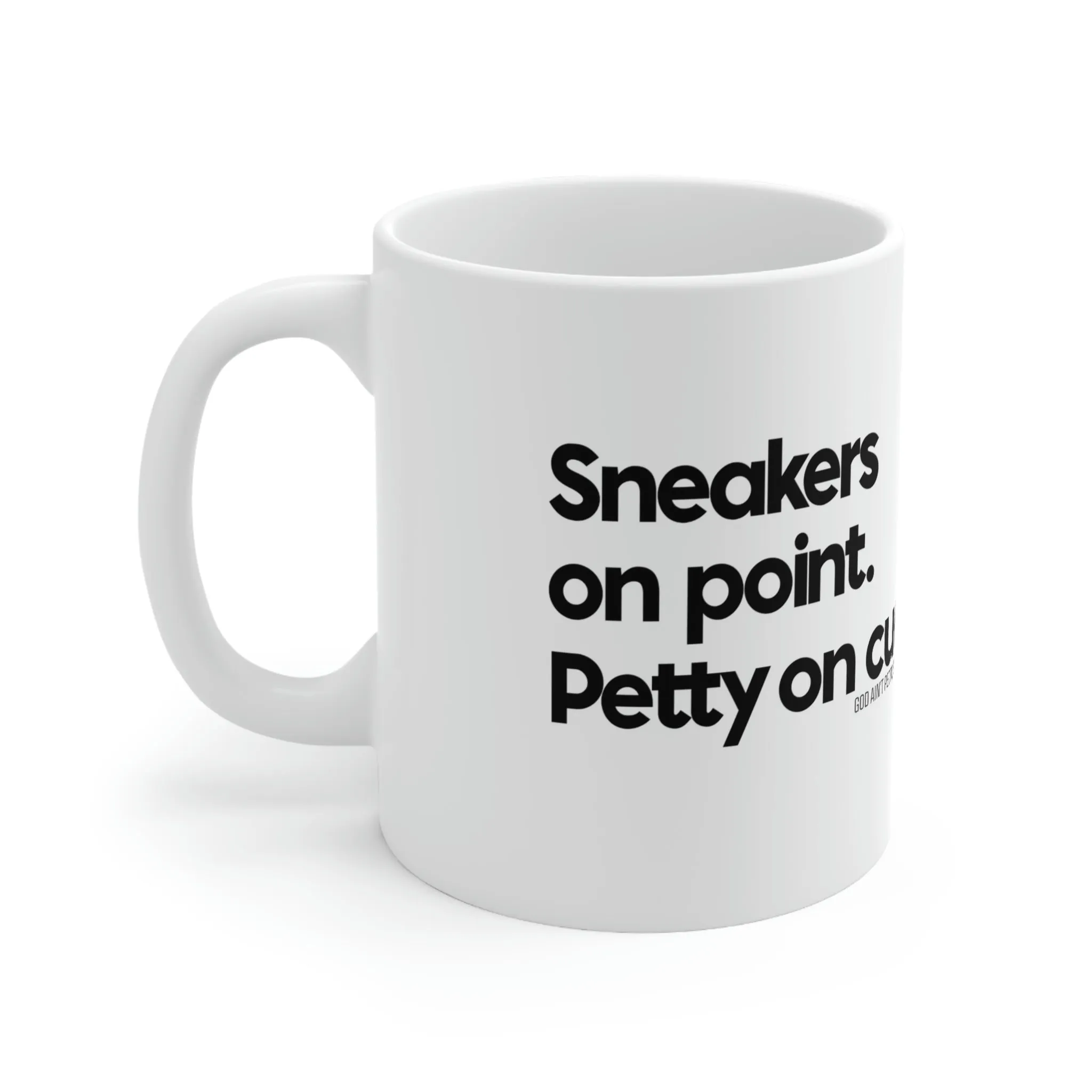 Sneakers on point. Petty on Cue Mug 11oz (White/Black)