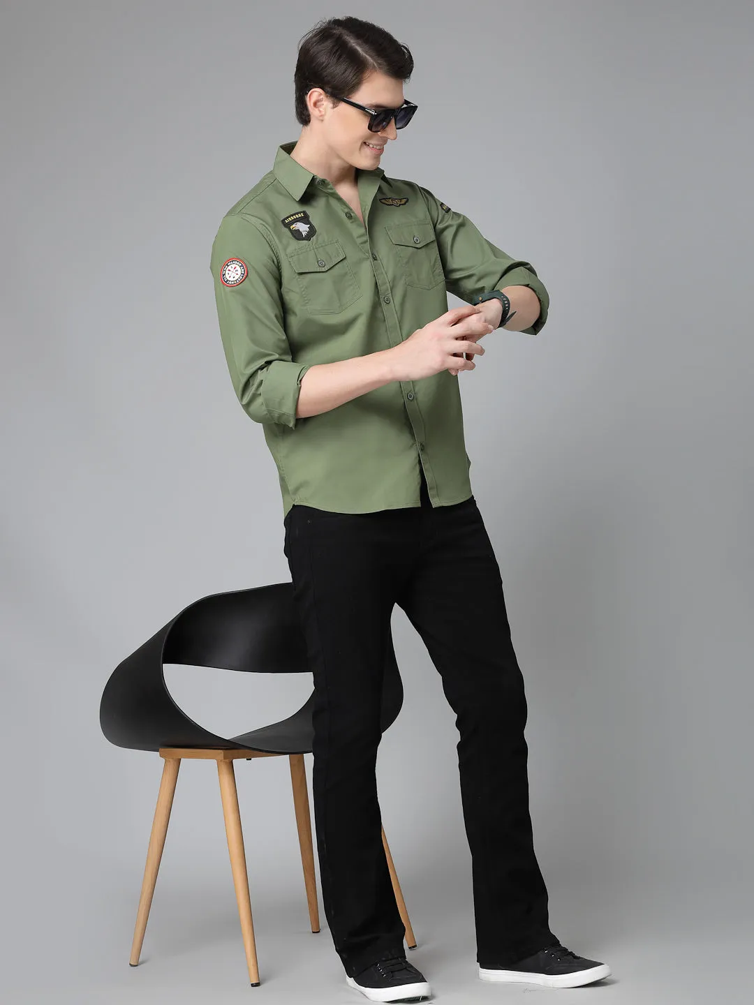 Style Quotient Men Olive Military Patch Polycotton Regular Smart Casual Shirt