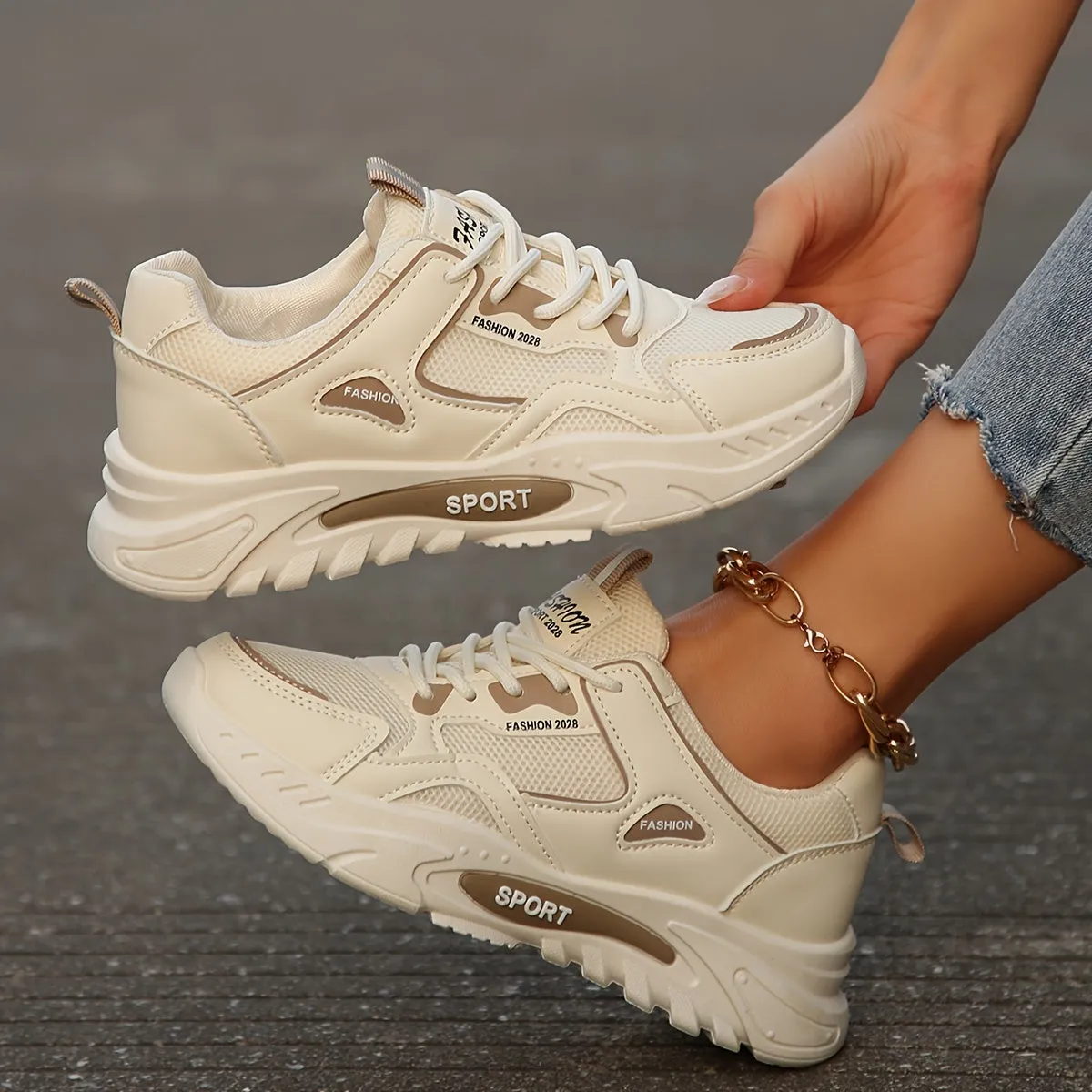 Stylish Women's Chunky Sole Sneakers - Breathable, Fashionable, Lace-up Athletic Shoes for Walking, Running, and Casual Wear - Comfortable, Lightweight, and Versatile Footwear for Everyday Activities