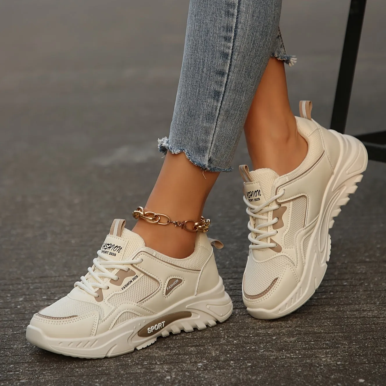 Stylish Women's Chunky Sole Sneakers - Breathable, Fashionable, Lace-up Athletic Shoes for Walking, Running, and Casual Wear - Comfortable, Lightweight, and Versatile Footwear for Everyday Activities