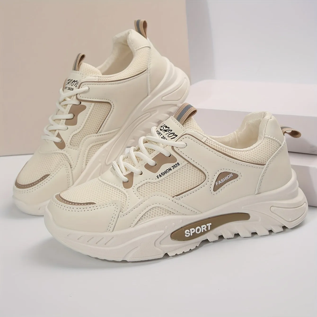 Stylish Women's Chunky Sole Sneakers - Breathable, Fashionable, Lace-up Athletic Shoes for Walking, Running, and Casual Wear - Comfortable, Lightweight, and Versatile Footwear for Everyday Activities