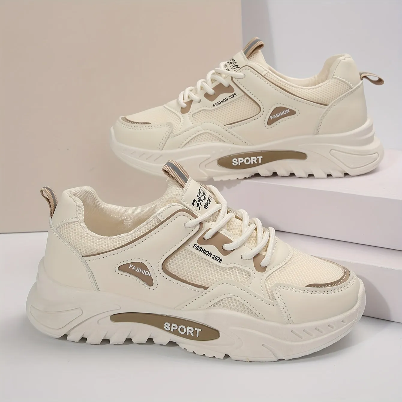 Stylish Women's Chunky Sole Sneakers - Breathable, Fashionable, Lace-up Athletic Shoes for Walking, Running, and Casual Wear - Comfortable, Lightweight, and Versatile Footwear for Everyday Activities