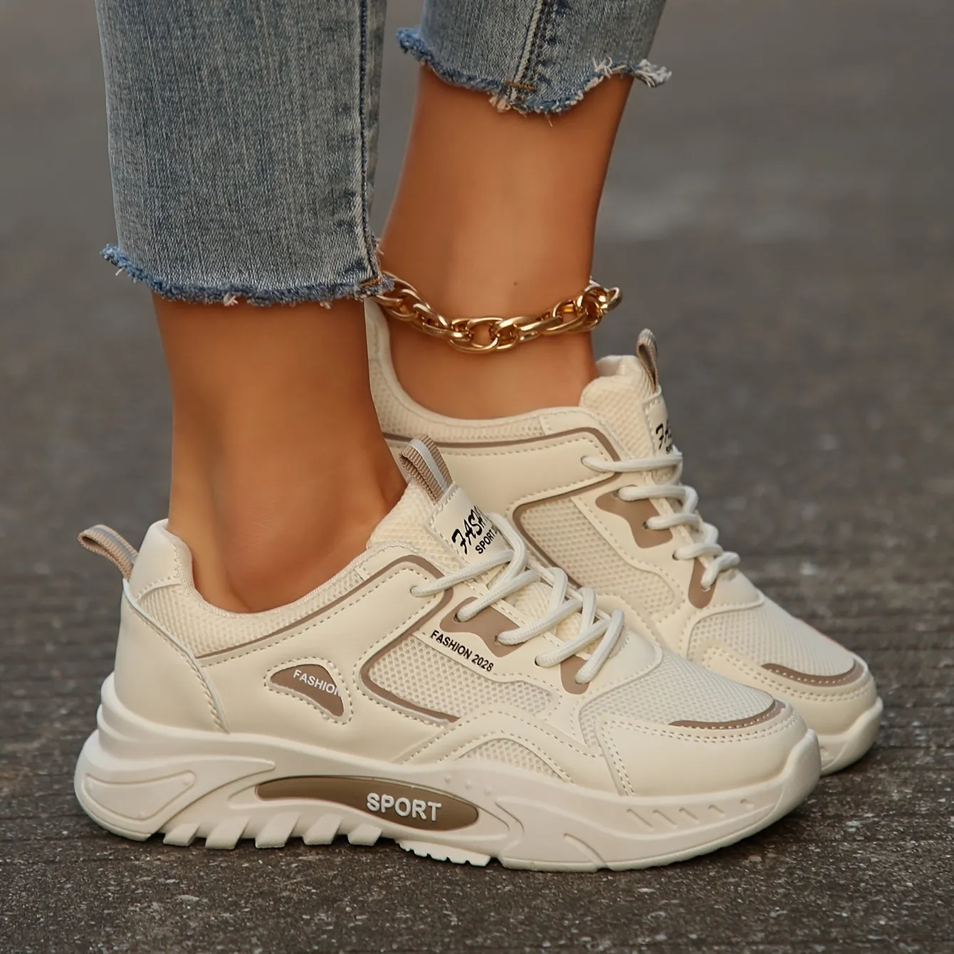 Stylish Women's Chunky Sole Sneakers - Breathable, Fashionable, Lace-up Athletic Shoes for Walking, Running, and Casual Wear - Comfortable, Lightweight, and Versatile Footwear for Everyday Activities