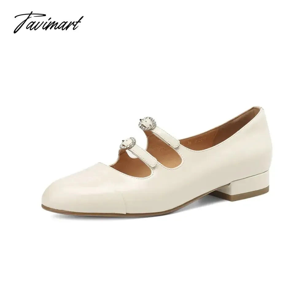 TAVIMART  -  Spring New Round Toe Split Genuine Leather Mary Jane Shoes Women's Rhinestone Buckle Strap Block Low Heels Flats Loafers 40