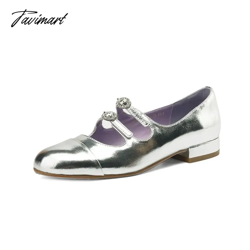 TAVIMART  -  Spring New Round Toe Split Genuine Leather Mary Jane Shoes Women's Rhinestone Buckle Strap Block Low Heels Flats Loafers 40