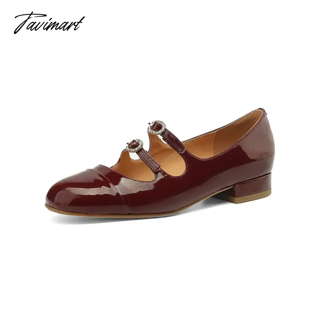 TAVIMART  -  Spring New Round Toe Split Genuine Leather Mary Jane Shoes Women's Rhinestone Buckle Strap Block Low Heels Flats Loafers 40