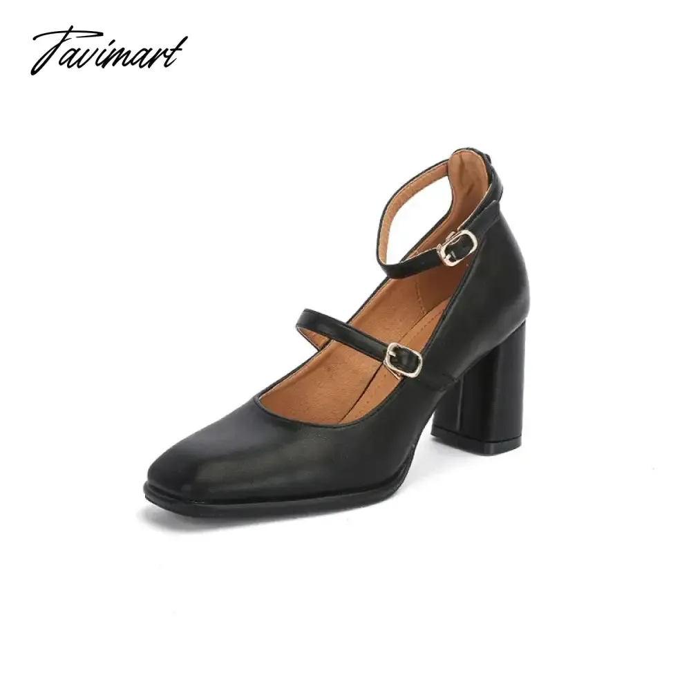 Tavimart Thick High Heels Mary Jane Shoes for Women Spring Fashion Double Buckle Strap Pumps Women Black Apricot PU Shoes