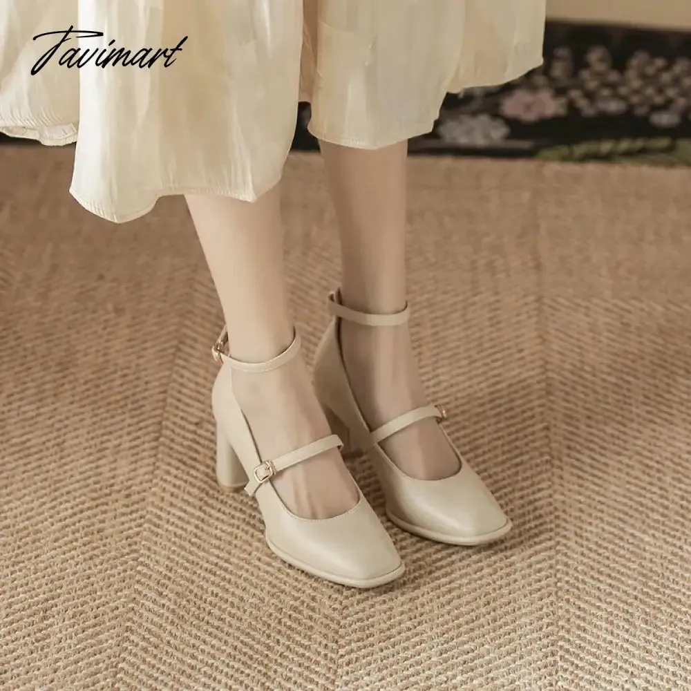 Tavimart Thick High Heels Mary Jane Shoes for Women Spring Fashion Double Buckle Strap Pumps Women Black Apricot PU Shoes