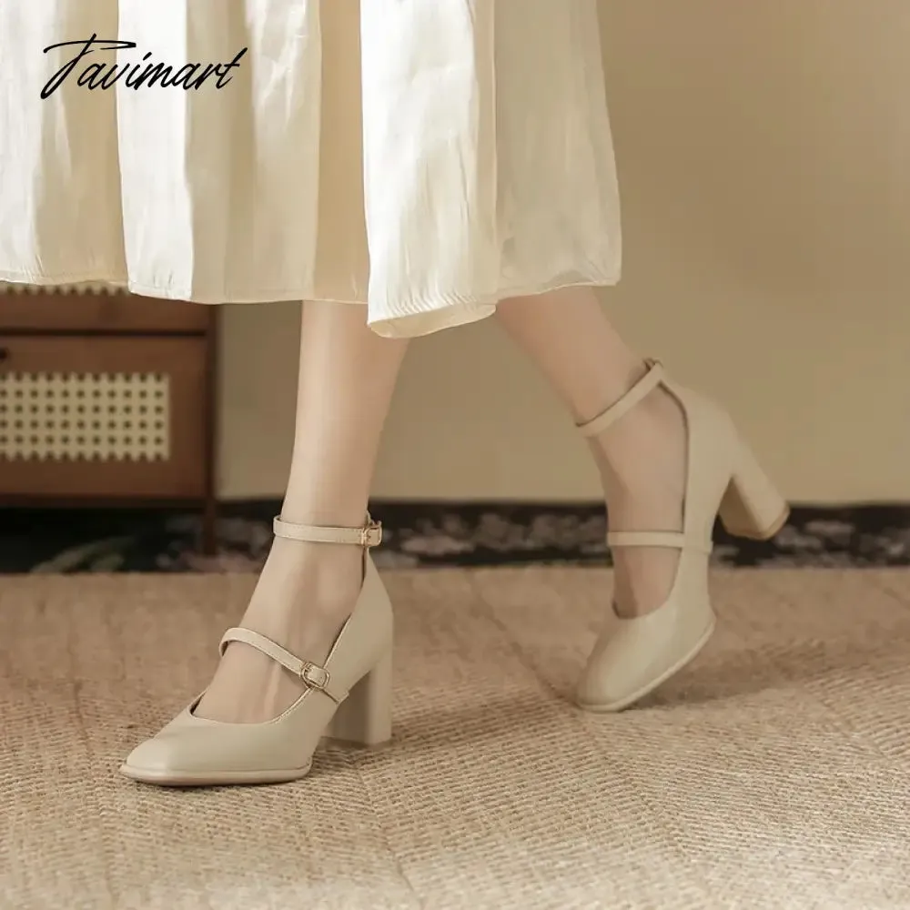 Tavimart Thick High Heels Mary Jane Shoes for Women Spring Fashion Double Buckle Strap Pumps Women Black Apricot PU Shoes