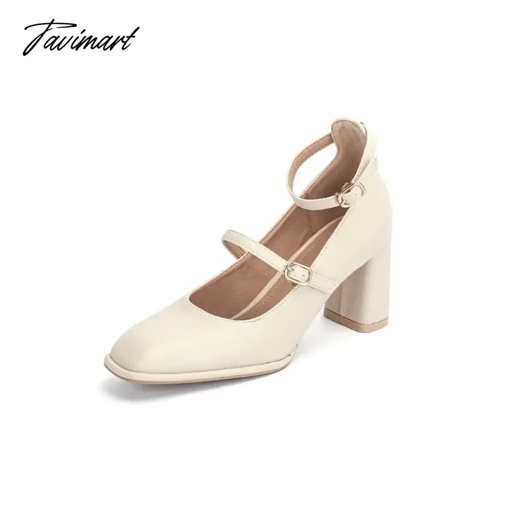 Tavimart Thick High Heels Mary Jane Shoes for Women Spring Fashion Double Buckle Strap Pumps Women Black Apricot PU Shoes