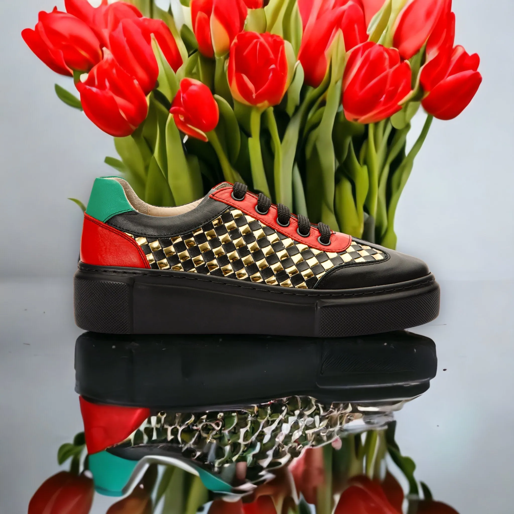 The Messina Black & Gold Woven Leather Women Sneaker Final Sale!