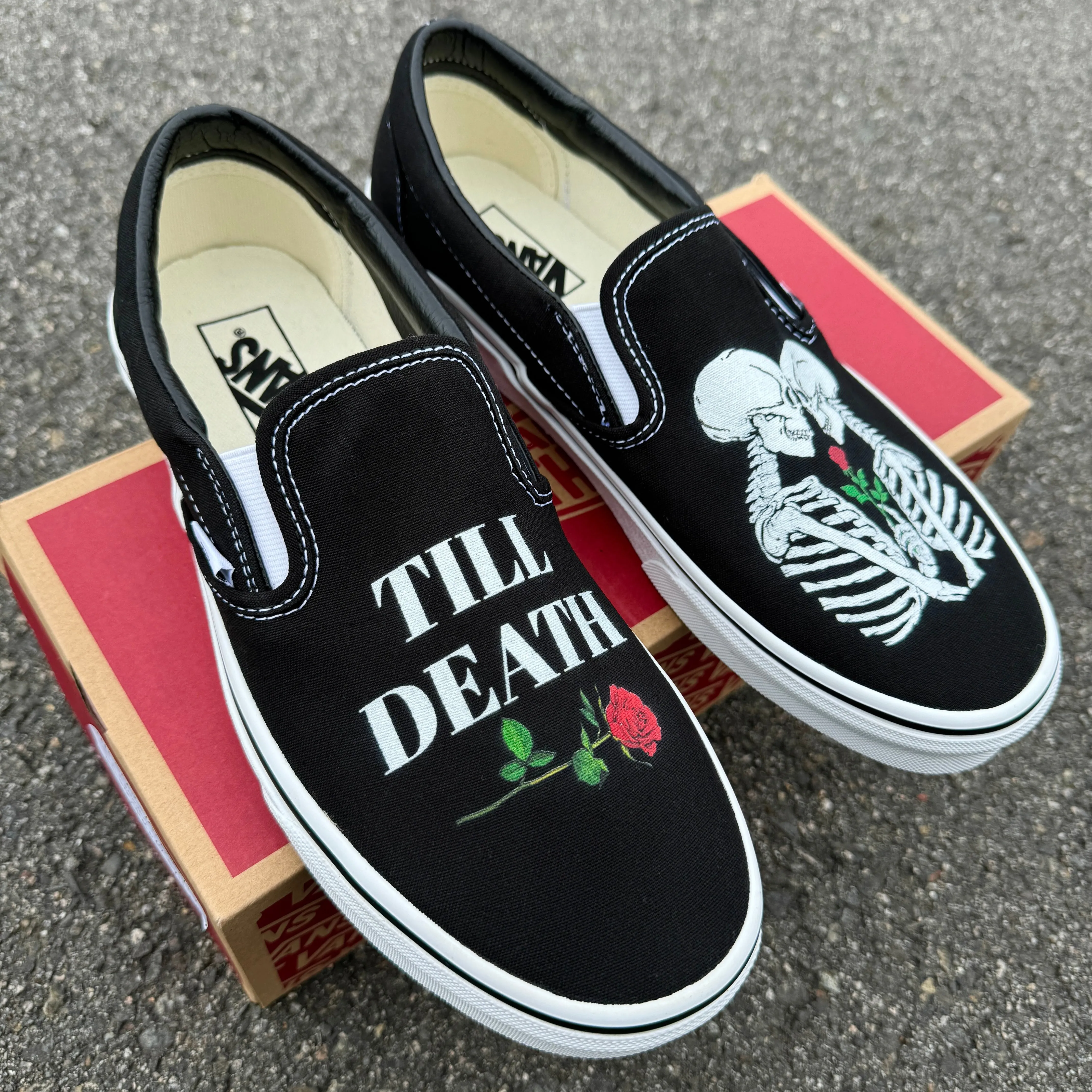 Till Death Kissing Skeletons Wedding Vans Slip On Shoes - Men's and Women's Custom Vans Sneakers