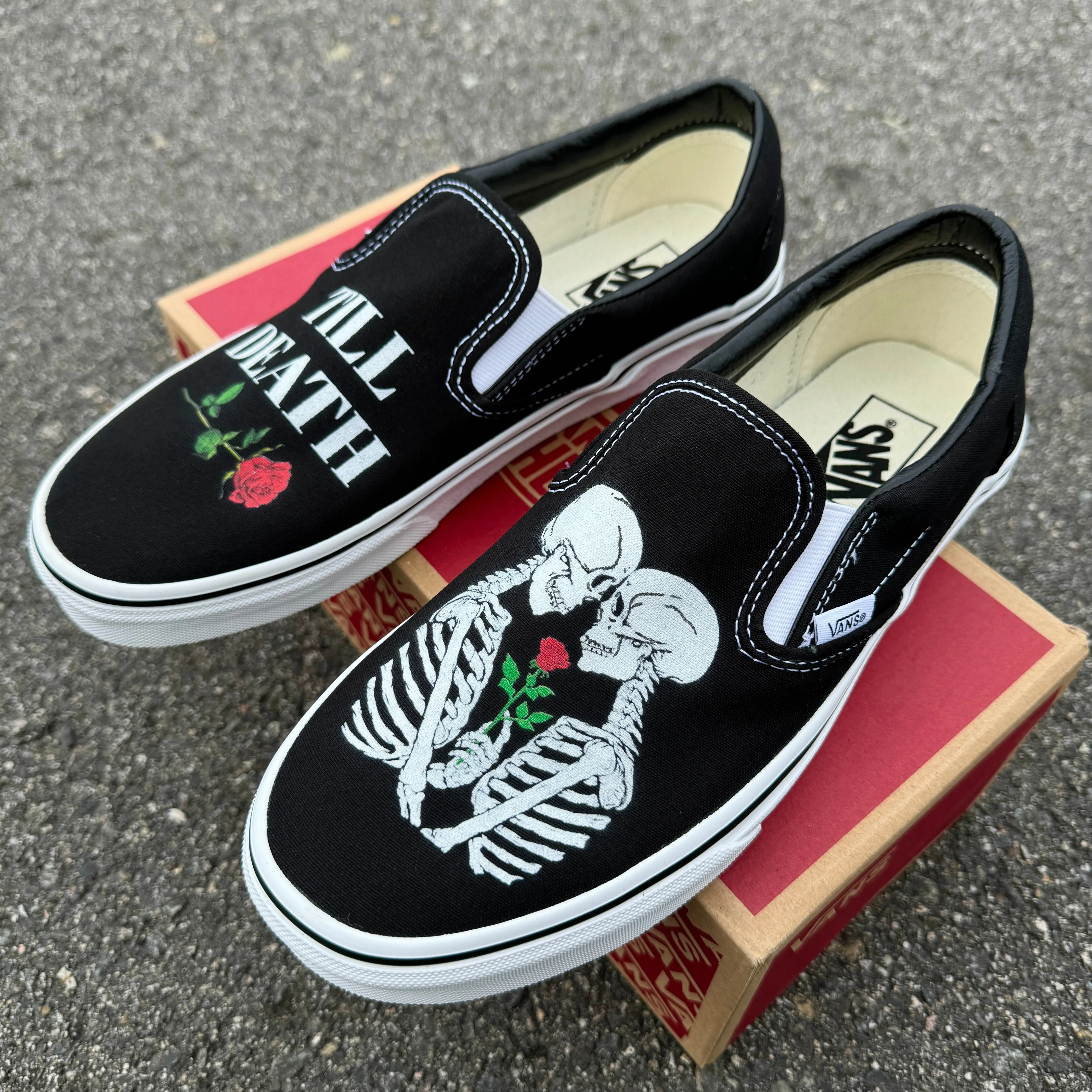 Till Death Kissing Skeletons Wedding Vans Slip On Shoes - Men's and Women's Custom Vans Sneakers