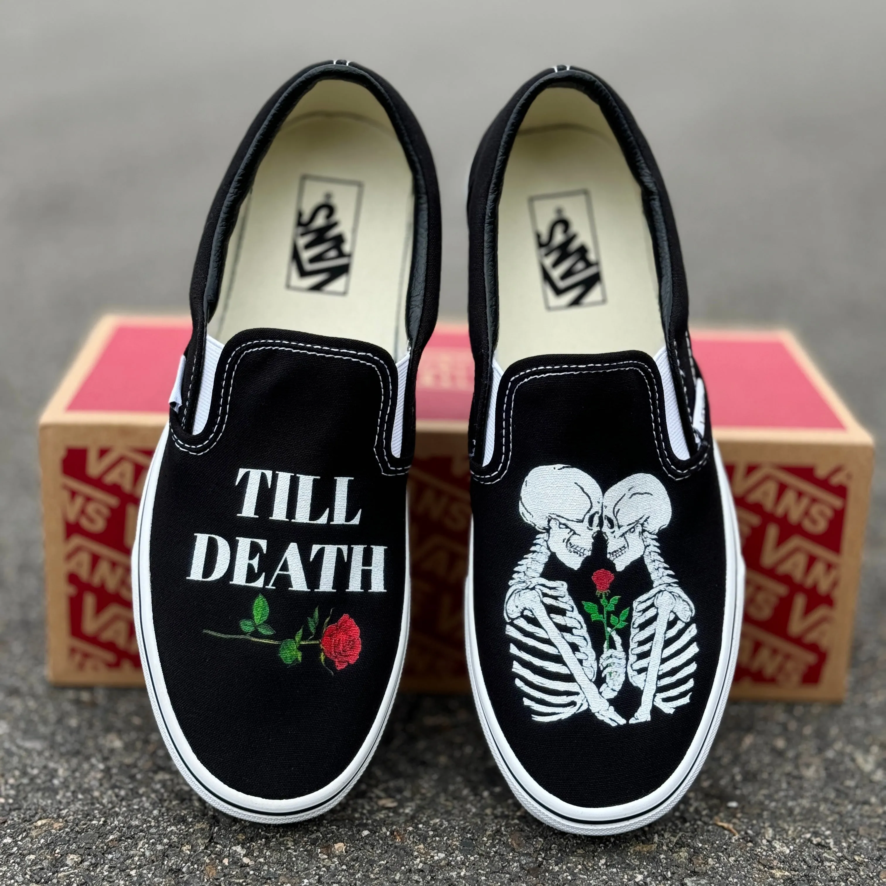 Till Death Kissing Skeletons Wedding Vans Slip On Shoes - Men's and Women's Custom Vans Sneakers