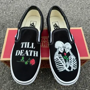 Till Death Kissing Skeletons Wedding Vans Slip On Shoes - Men's and Women's Custom Vans Sneakers